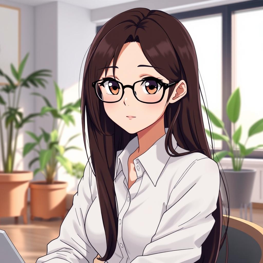 A beautiful anime brunette girl with expressive eyes, wearing stylish glasses and a crisp white shirt