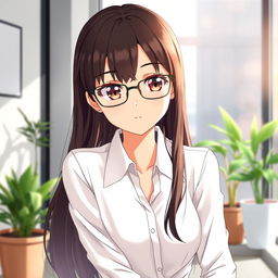 A beautiful anime brunette girl with expressive eyes, wearing stylish glasses and a crisp white shirt