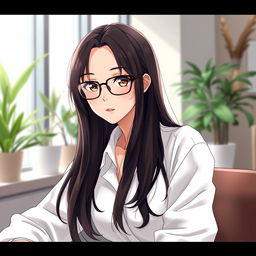 A beautiful anime brunette girl with expressive eyes, wearing stylish glasses and a crisp white shirt