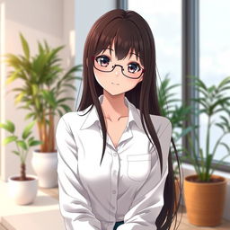 A beautiful anime brunette girl with expressive eyes, wearing stylish glasses and a crisp white shirt