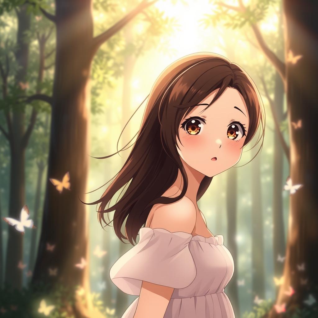 A beautiful anime brunette girl with a look of surprise on her face