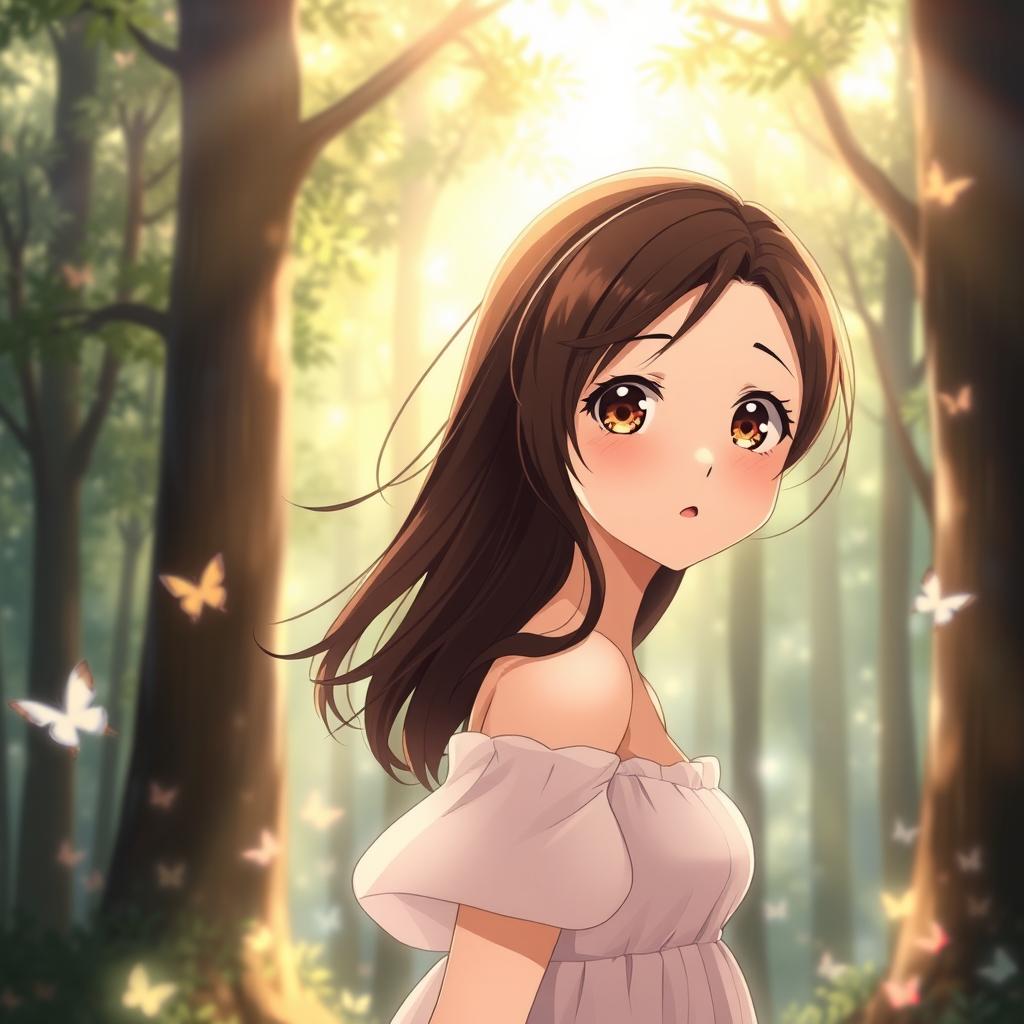 A beautiful anime brunette girl with a look of surprise on her face