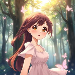 A beautiful anime brunette girl with a look of surprise on her face