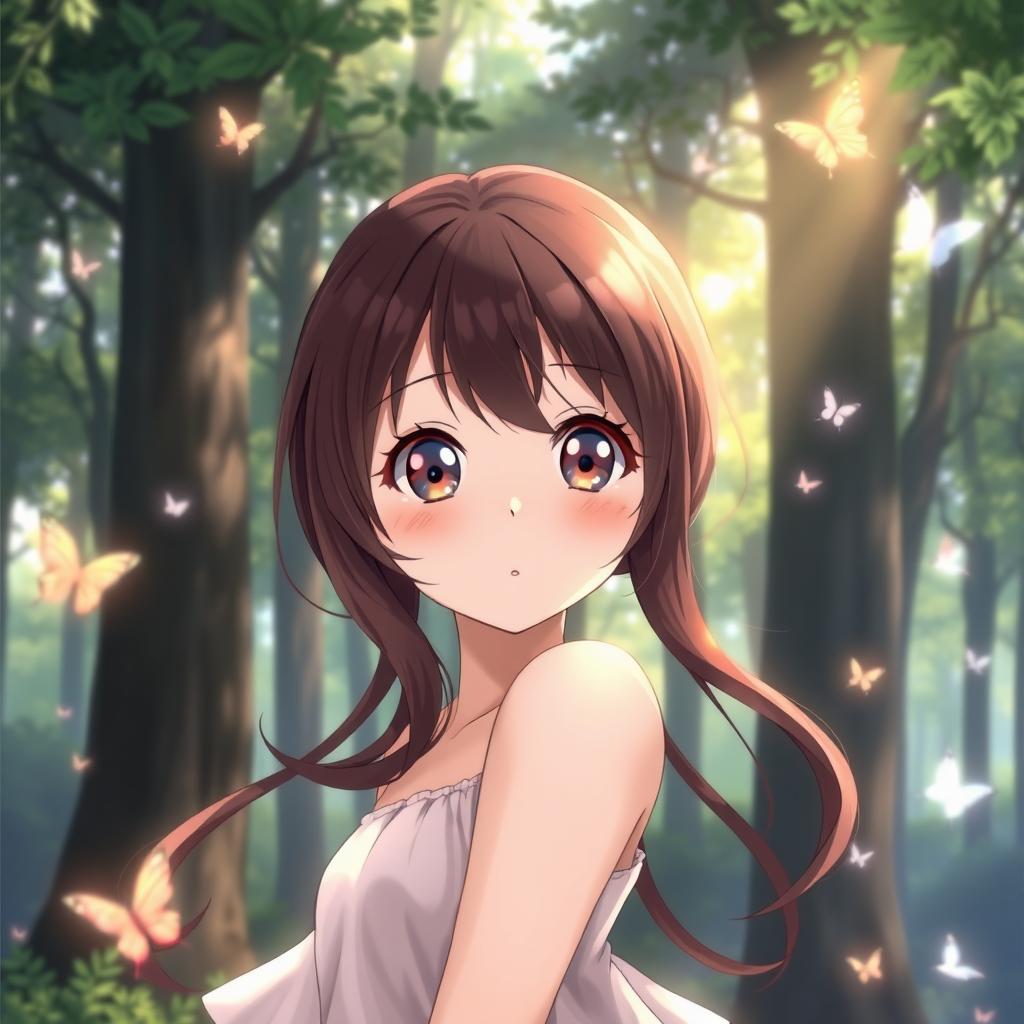 A beautiful anime brunette girl with a look of surprise on her face