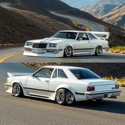 1986 Ford Del Rey with a custom body kit and spoiler, featuring wide wheels enhancing its sporty look