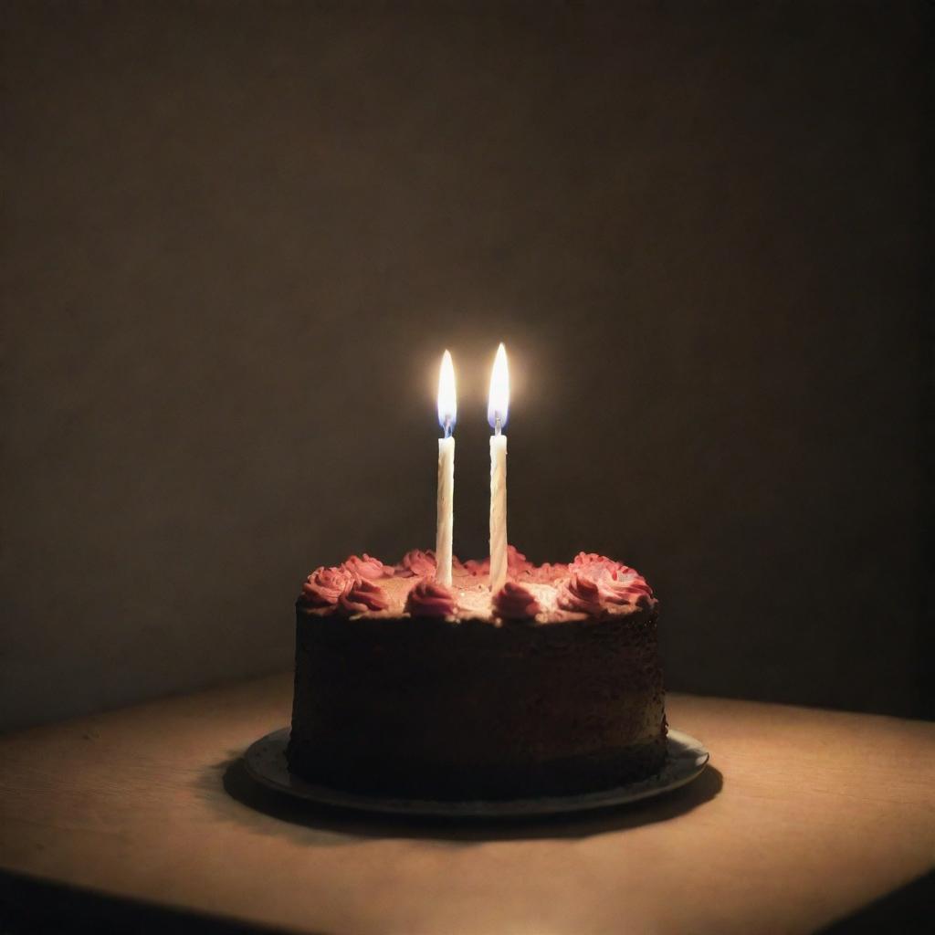 A melancholy birthday scene with dim lighting, a lone birthday cake sitting on a table with a single lit candle, and a solitary birthday hat.