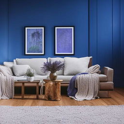 Create a serene room with soft warm lighting and calming blue walls, adorned with interesting art. Plush rugs over a wooden floor leading to a cozy seating area with oversized chairs and a large, welcoming sofa. The air subtly scented with lavender.