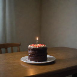 A melancholy birthday scene with dim lighting, a lone birthday cake sitting on a table with a single lit candle, and a solitary birthday hat.