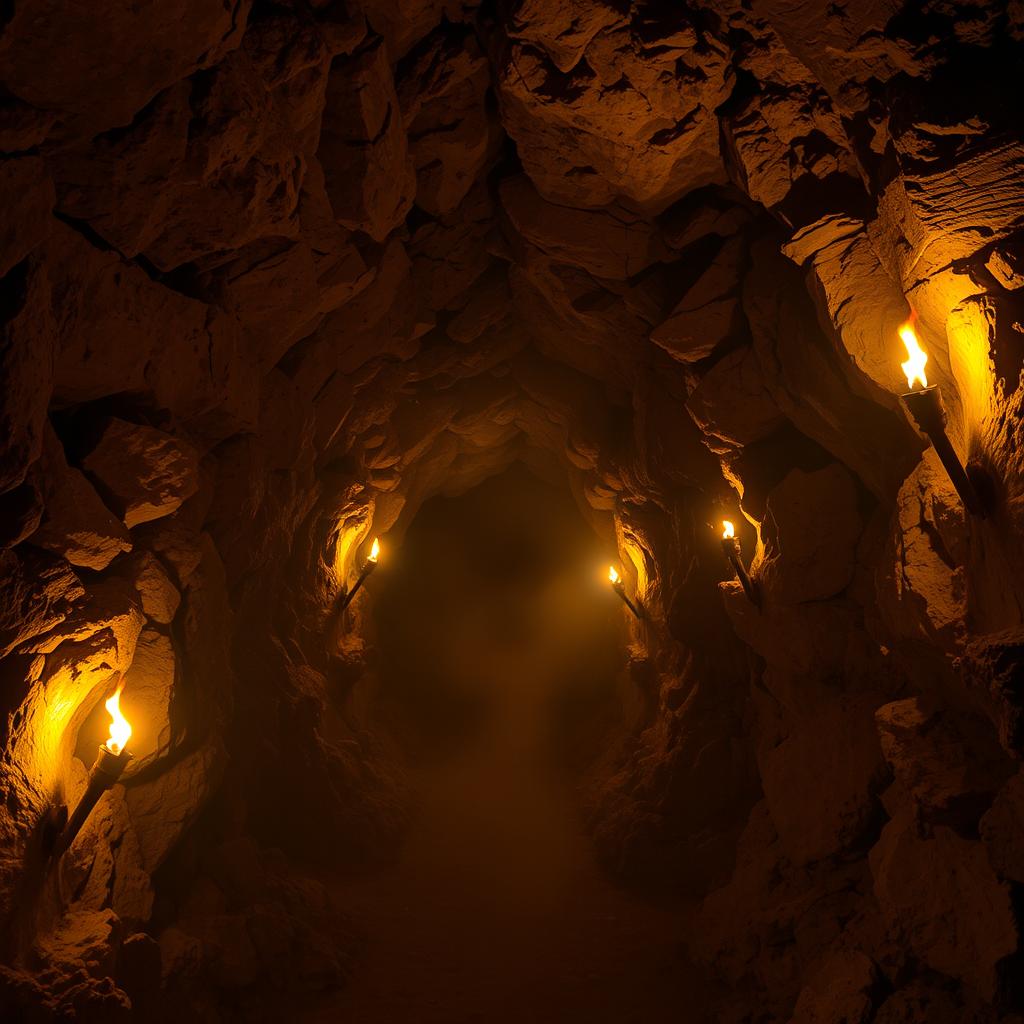 A cavernous underground mine illuminated with flickering flames from torches mounted along the rugged stone walls