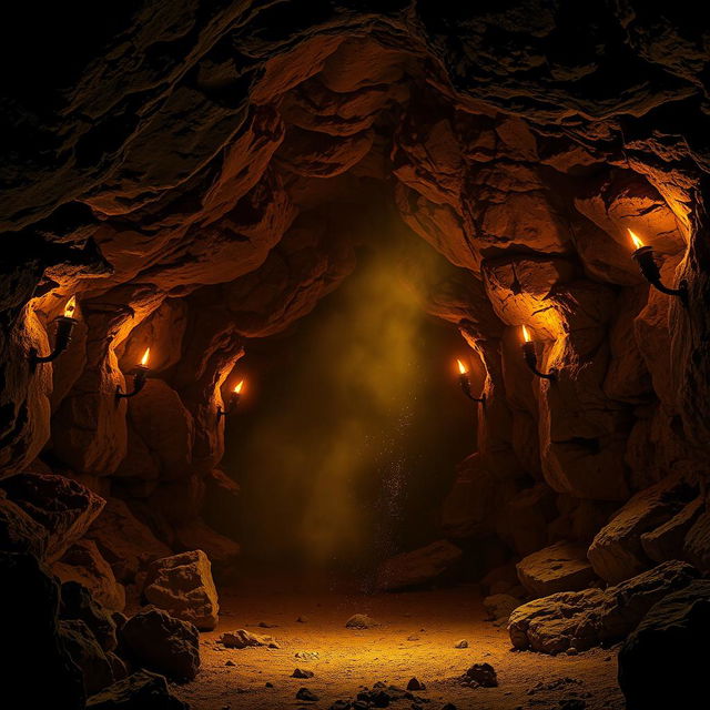 A cavernous underground mine illuminated with flickering flames from torches mounted along the rugged stone walls