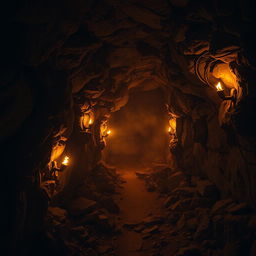 A cavernous underground mine illuminated with flickering flames from torches mounted along the rugged stone walls