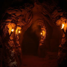 A cavernous underground mine illuminated with flickering flames from torches mounted along the rugged stone walls