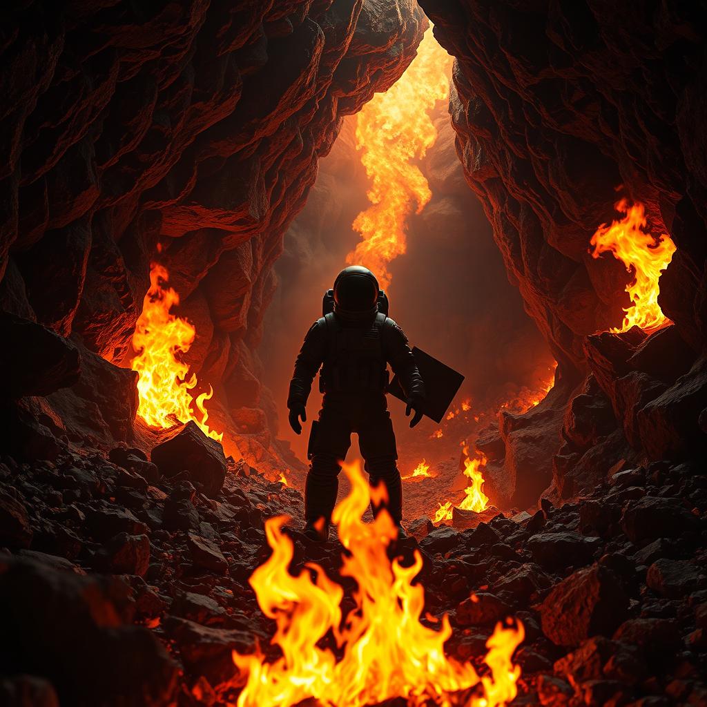 A realistic scene of an underground mine surrounded by intense, roaring flames, casting a fiery glow throughout the cavern