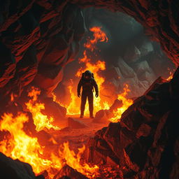 A realistic scene of an underground mine surrounded by intense, roaring flames, casting a fiery glow throughout the cavern