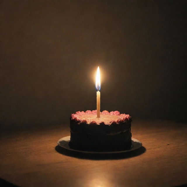 A melancholy birthday scene with dim lighting, a lone birthday cake sitting on a table with a single lit candle, and a solitary birthday hat.