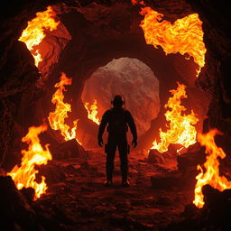 A realistic scene of an underground mine surrounded by intense, roaring flames, casting a fiery glow throughout the cavern