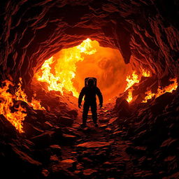 A realistic scene of an underground mine surrounded by intense, roaring flames, casting a fiery glow throughout the cavern