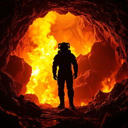 A realistic depiction of an underground mine surrounded by vivid, engulfing flames that provide an intense and illuminating aura