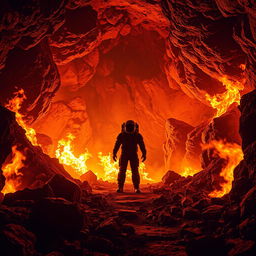 A realistic depiction of an underground mine surrounded by vivid, engulfing flames that provide an intense and illuminating aura