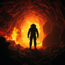 A realistic depiction of an underground mine surrounded by vivid, engulfing flames that provide an intense and illuminating aura