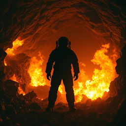 A realistic depiction of an underground mine surrounded by vivid, engulfing flames that provide an intense and illuminating aura