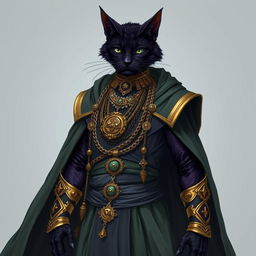 A dark purple tabaxi warlock male adorned in long, flowing robes of gray-green hues