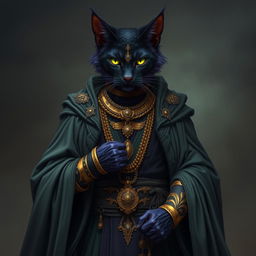 A dark purple tabaxi warlock male adorned in long, flowing robes of gray-green hues