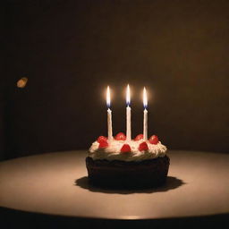 A melancholy birthday scene with dim lighting, a lone birthday cake sitting on a table with a single lit candle, and a solitary birthday hat.