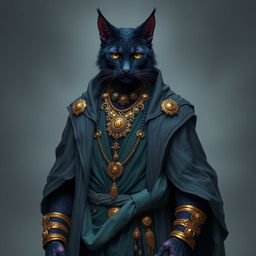 A dark purple tabaxi warlock male adorned in long, flowing robes of gray-green hues