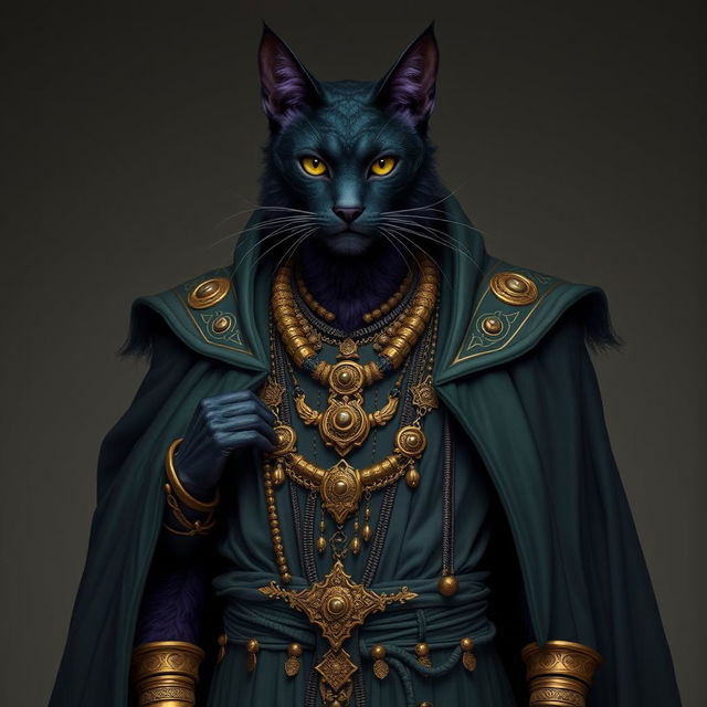 A dark purple tabaxi warlock male adorned in long, flowing robes of gray-green hues