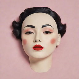 A Korean sheet mask designed with an Art Deco, 1920's style makeup featuring high thin eyebrows, porcelain white skin, vibrant red lipstick, round or heart-shaped blush, and a whimsical fake birthmark, reminiscent of Marlene Dietrich and Gatsby.