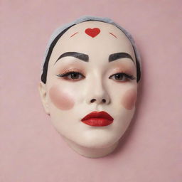 A Korean sheet mask designed with an Art Deco, 1920's style makeup featuring high thin eyebrows, porcelain white skin, vibrant red lipstick, round or heart-shaped blush, and a whimsical fake birthmark, reminiscent of Marlene Dietrich and Gatsby.