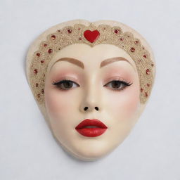 A Korean sheet mask designed with an Art Deco, 1920's style makeup featuring high thin eyebrows, porcelain white skin, vibrant red lipstick, round or heart-shaped blush, and a whimsical fake birthmark, reminiscent of Marlene Dietrich and Gatsby.