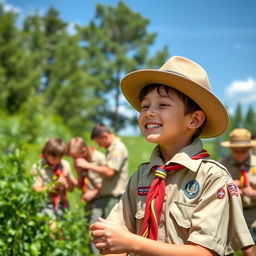 A young scout participating in a lively outdoor scouting activity, surrounded by lush greenery