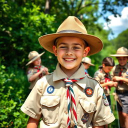 A young scout participating in a lively outdoor scouting activity, surrounded by lush greenery