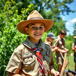 A young scout participating in a lively outdoor scouting activity, surrounded by lush greenery