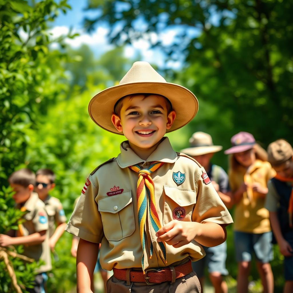 A young scout participating in a lively outdoor scouting activity, surrounded by lush greenery