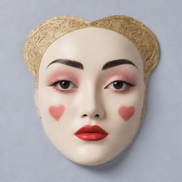 A Korean sheet mask designed with an Art Deco, 1920's style makeup featuring high thin eyebrows, porcelain white skin, vibrant red lipstick, round or heart-shaped blush, and a whimsical fake birthmark, reminiscent of Marlene Dietrich and Gatsby.