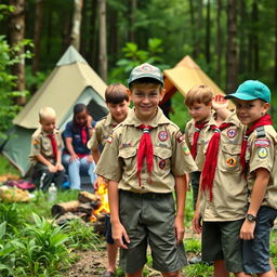 A group of Scouts in their official uniform, consisting of a tan shirt with various patches, a red neckerchief, and a green cap