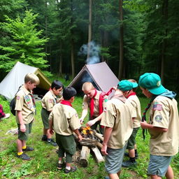 A group of Scouts in their official uniform, consisting of a tan shirt with various patches, a red neckerchief, and a green cap