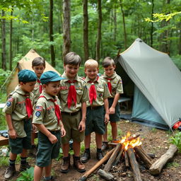 A group of Scouts in their official uniform, consisting of a tan shirt with various patches, a red neckerchief, and a green cap