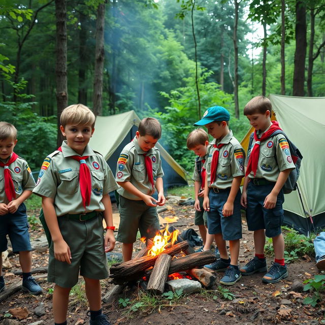 A group of Scouts in their official uniform, consisting of a tan shirt with various patches, a red neckerchief, and a green cap