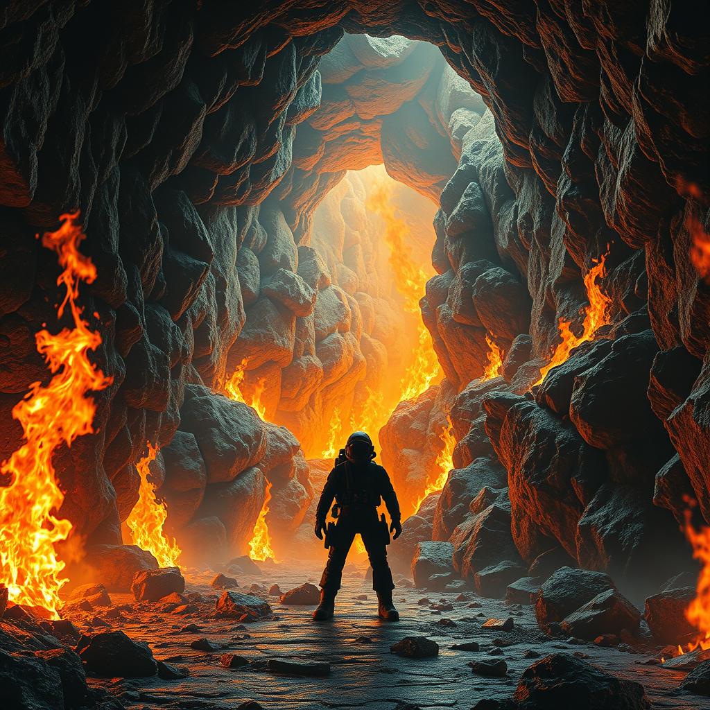 A realistic depiction of a vast underground mine being engulfed by intense, surrounding flames that cast a brilliant, fiery glow throughout the cavernous space