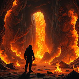 A realistic depiction of a vast underground mine being engulfed by intense, surrounding flames that cast a brilliant, fiery glow throughout the cavernous space