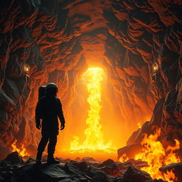 A realistic depiction of a vast underground mine being engulfed by intense, surrounding flames that cast a brilliant, fiery glow throughout the cavernous space