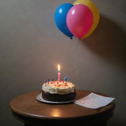 An extremely melancholic birthday scene in a dimly lit room highlighting the loneliness. A single-piece cake with a fading candle atop, surrounded by unread birthday cards and deflated balloons.