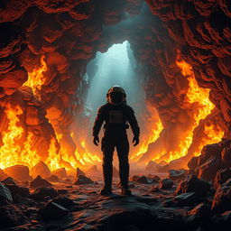 A realistic depiction of a vast underground mine being engulfed by intense, surrounding flames that cast a brilliant, fiery glow throughout the cavernous space