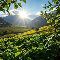 Breathtaking coca leaf plantation in the Andes, sunlit leaves, rich green foliage, majestic mountain backdrop, traditional farming methods, vibrant ecosystem, harmonious nature scene