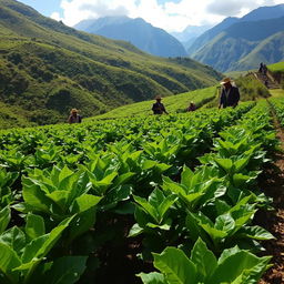 Breathtaking coca leaf plantation in the Andes, sunlit leaves, rich green foliage, majestic mountain backdrop, traditional farming methods, vibrant ecosystem, harmonious nature scene