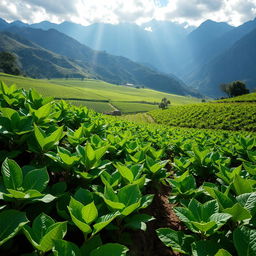 Breathtaking coca leaf plantation in the Andes, sunlit leaves, rich green foliage, majestic mountain backdrop, traditional farming methods, vibrant ecosystem, harmonious nature scene